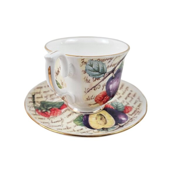 Royal Nobilta Fine Bone China Teacup Saucer Set Fruit Design England Vintage - Picture 3 of 9